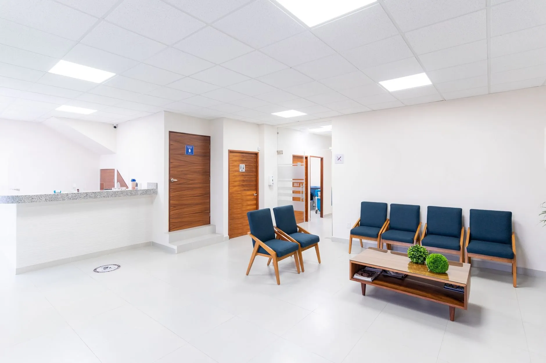 An empty, bright clinic waiting room with blue chairs and a reception desk